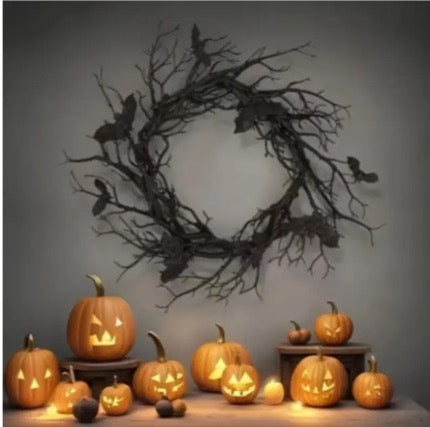 Halloween Dead Branch Wreath with Artificial Bats