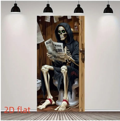 Skeleton Reading on Toilet Door Banner